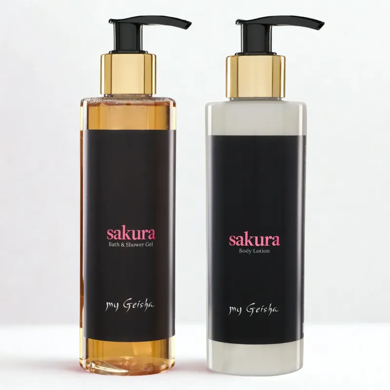 my Geisha Sakura Essentials Set featuring Body Lotion and Bath &amp; Shower Gel, enriched with cherry blossom fragrance.