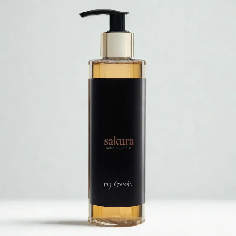 Elegant bottle of my Geisha Sakura Bath &amp; Shower Gel with cherry blossom aroma, highlighting hydrating, softening bodycare