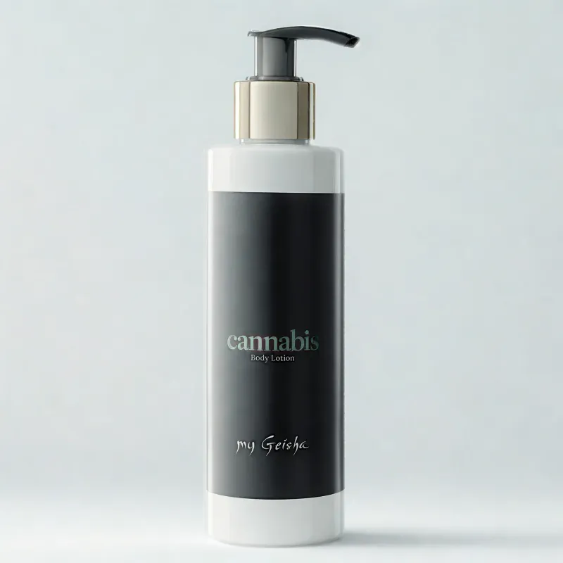 Cannabis Body Lotion by my Geisha UK, smoothing skin with natural oils and sensual fragrance