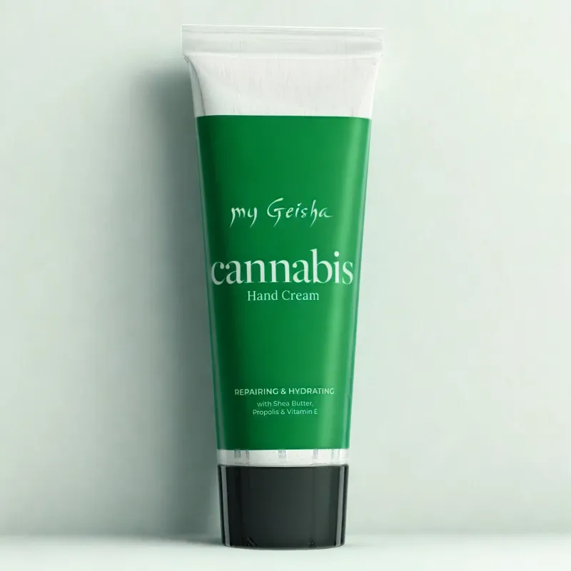 my Geisha Cannabis Hand Cream with Cannabis seed oil and warm notes of tobacco, coffee, incense and oud
