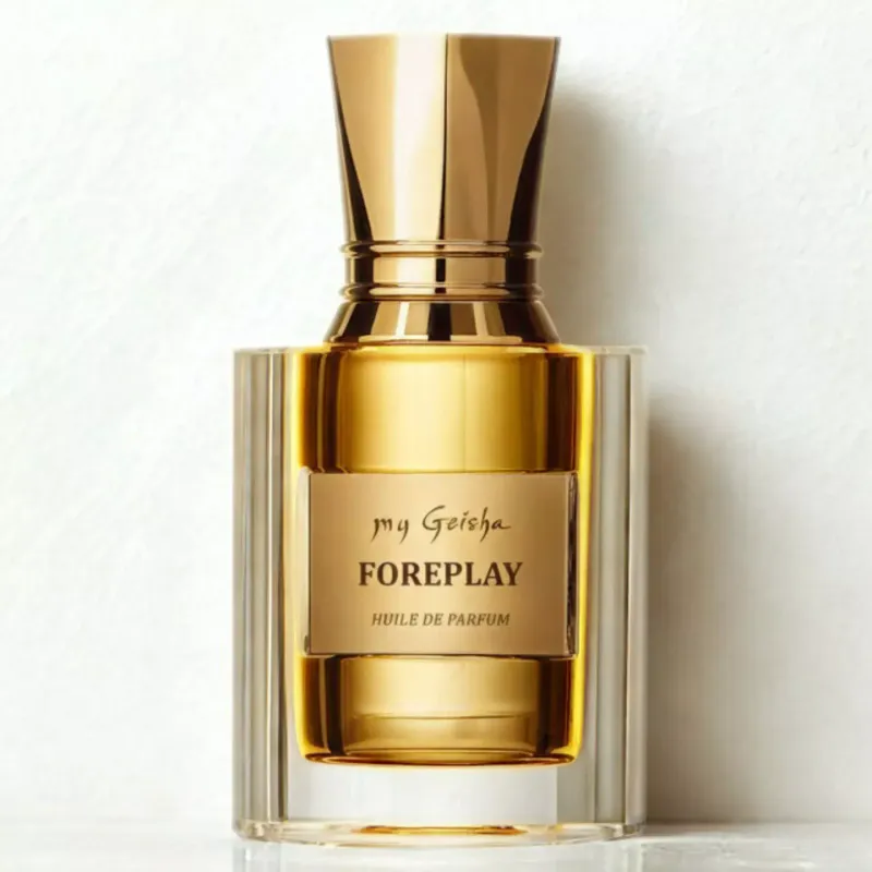 Luxury bottle of my Geisha Foreplay Premium Edition showing premium packaging with golden cap on white background.
