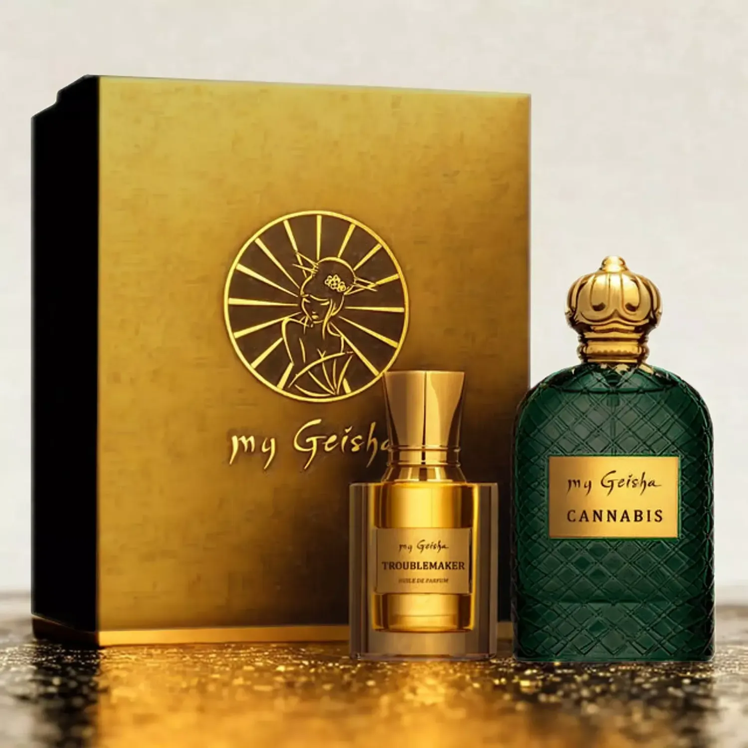 my Geisha Free Love Gift Set showing Cannabis Extrait de Parfum and Troublemaker Huile de Parfum 