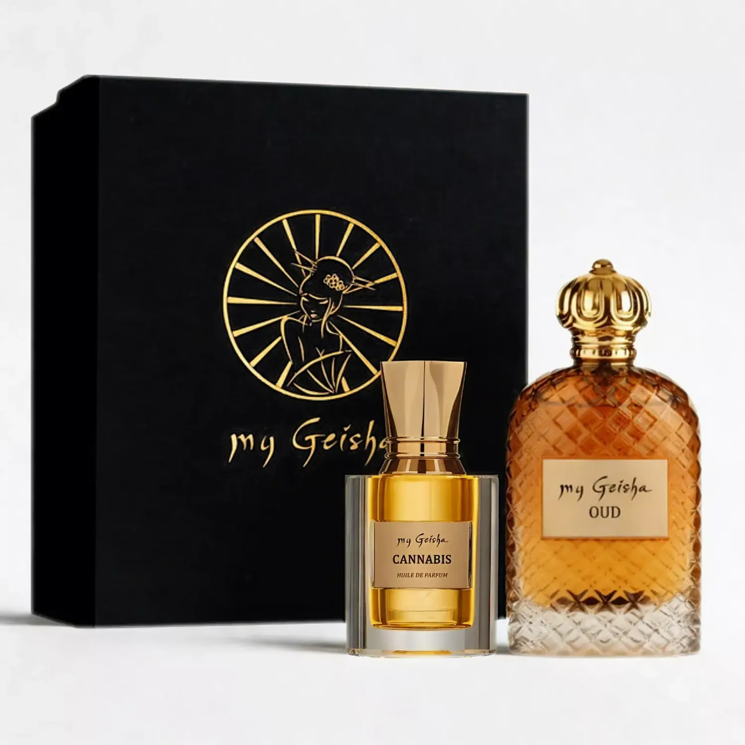 Magic Forest Fragrance Set by my Geisha showing Oud Extrait de Parfum and Cannabis Huile de Parfum luxury packaging on white 