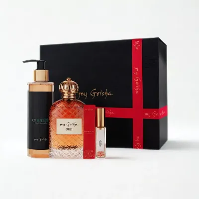 Gift Set Oud Extrait de Parfum Trio my Geisha Christmas Set for men featuring Oud Extrait de Parfum 100ml, Cannabis Shower Gel and a FREE travel size Foreplay