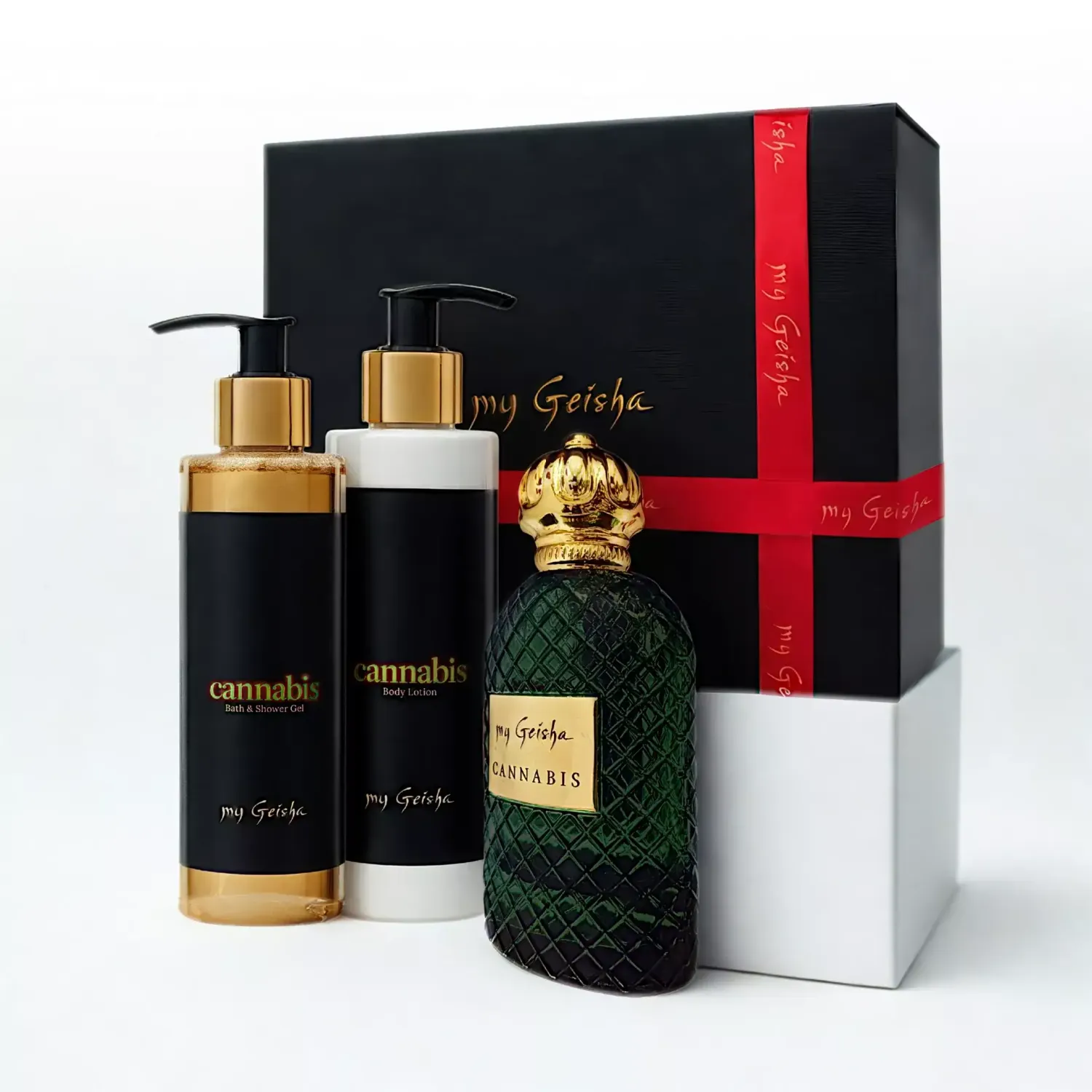 my Geisha Cannabis Signature Gift Set featuring 100ml perfume, 200ml shower gel and 200ml body lotion