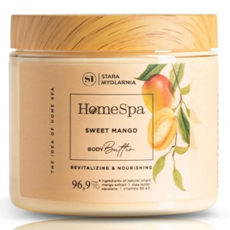Stara Mydlarnia Mango Body Butter
The mango body butter from Stara Mydlarnia (200 ml) is enriched with avocado oil, shea butter and delicious mangoes. The velvety texture with the scent of ripe and sweet grapes is perfectly absorbed, nourishes and cares the skin, leaving a protective layer. Oils, allantoin, panthenol, squalane and vitamin E bring back the comfort and smoothness of the skin. The grape extract has an antioxidant, moisturizing effect and improves skin's firmness. Used regularly, it prevents dehydration, thus limiting the aging process of the skin. Its formula contains 96.9% ingredients of natural origin.
