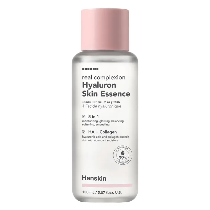 Hanskin Real Complexion Hyaluron Skin Essence

Hanskin Real Complexion Hyaluron Skin Essence (150 ml) is a moisturizing essence that quickly became very popular because it has an instant effect.

Benefits:
• Moisturizing effect for all skin types.
• Helps to achieve the "glass skin" effect.
• Acts as an all-in-one toner, essence and moisturizing lotion.
• Leaves the skin smooth, bright and elastic.
• Contains hyaluronic acid, elastin, collagen and Zostera Marina extract.
• Keeps the skin hydrated, balanced, velvety and shiny.
• Can be layered 2-3 times to increase hydration levels.

Active ingredients:
• Sodium hyaluronate: a form of hyaluronic acid that draws water into the skin
• Hydrolyzed Hyaluronic Acid: a form of hyaluronic acid that plumps, hydrates and brightens the skin
• Hydrolyzed Alginate: a type of algae that hydrates, balances sebum and soothes irritation
• Hydrolyzed Collagen: a form of collagen that keeps skin firm and supple
• Zostera Marina Extract: a type of sea grass that has antimicrobial properties and improves skin brightness

100% clean beauty:
• No parabens
• No dyes
• No artificial fragrance
• Alcohol-free

Skin type: Normal skin | Oily skin | Combination skin | Dry skin | Sensitive skin | Wrinkles and mature skin | All skin types
Routine: Day routine | Evening routine
Skin concerns: Dilated pores | Dehydration | Imperfections | Dry skin | Dull skin | Sensitive skin | Firmness
For: Women | Men | Unisex
Size: 150 ml