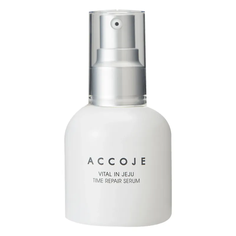 ACCOJE Vital in Jeju Time Repair Serum contains valuable vitamins and minerals from beet as well as vitamins A, C, calcium, riboflavin, folic acid and retinol, which is particularly active against wrinkles and the first signs of skin aging. The innovative product formula is complemented by deep water from the volcanic rock of Jeju Island, which is rich in natural minerals and provides the skin with plenty of moisture. The combination of these ingredients shows its effect after the first application and provides a fresh, energized complexion. This allows tired and dull skin to shine again. For a radiant, healthy and smooth complexion.

The product is dermatologically tested and free from six types of parabens, benzophenone, harmful minerals, artificial colors, fragrances, phenoxyethanol and animal oils.

The key ingredients of all products in the ACCOJE Vital in Jeju skincare line are:

Beet: plant-based vitamins and minerals provide energy and healthy, radiant skin
Cactus: abundant vitamins provide an even complexion
Aloe: protects the skin with minerals and provides extra moisture
Green tea: soothes skin irritations with amino acids and strengthens the natural skin barrier

Suitable for:
Mature, dry and sensitive skin, combination skin

Application:
Gently pat onto face and neck in the morning and evening after cleansing. Then continue with the other steps of your beauty routine.

wrinkle reducing, cleansing
moisturizing, firming
anti-aging
ACCOJE is a natural skin care brand whose products are made from the natural plant extracts and ingredients grown and produced on Jeju Island, Korea. ACCOJE uses, among other things, the island's purified natural bedrock water, which is recognized by UNESCO as a life source in 'Clean Jeju'. This deep mineral water contains many natural minerals that are good for our bodies, including vanadium and silica.