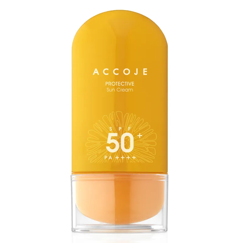 Accoje SPF 50 PA++++ Protective Sun Cream

Skin type: Normal skin | Oily skin | Combination skin | Dry skin | Sensitive skin | All skin types
Routine: Day routine
Skin concerns: Wrinkles | Imperfections | Pigmentation spots | Dry skin | Sensitive skin | Firmness
For: Women | Men | Unisex
Size: 50 ml

Suitable for all skin types, Accoje SPF 50 PA++++ Protective Sun Cream (50ml) provides full protection against UV rays while maintaining the skin's hydration level. This SPF 50 cream will protect your skin from the harmful effects of the sun by blocking UV rays, making it perfect for daily use, outdoor activities and holidays. With its silky and soft texture, it does not leave a sticky feeling, mattifies and regulates sebum secretion, leaving the skin smooth and even. Contains micro-capsules with nutritious ingredients: aloe vera, wolf's mouth extract (Scutellaria Baicalensis), cactus fruit extract (Opuntia Coccinellifera Fruit Extract) and fatty grass extract (Portulaca Oleracea) from the Jeju region, famous for their antioxidant effects and moisturizing.

Accoje Protective Sun Cream is a certified cosmetic product, it contains more than 10% ingredients from Jeju. It is manufactured in Jeju/Korea using pure water from the region, an aquifer water, obtained from a depth of 420 m, rich in minerals and trace elements.

The Accoje brand relies on a formula that is friendly to the skin and nature, based on the 7-Free System technology - a concept that excludes 7 types of ingredients with a negative impact on the environment and the skin (6 types of parabens, benzophenones, synthetic perfumes, imidazolidinyl urea, dyes artificial, mineral or animal oils).