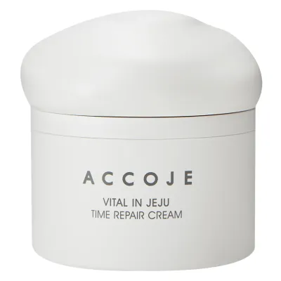 Accoje Vital In Jeju Time Repair Cream

The silky texture of Accoje Vital In Jeju Cream - Time Repair has an instant nourishing and hydrating effect, protecting the skin from the harmful effects of free radicals. Thanks to the active ingredients, the skin regains elasticity, firmness and shine day after day. Suitable for all skin types, the cream is enriched with pure water from the Jeju region – an aquifer water obtained from a depth of 420 m, rich in minerals and trace elements, which regulates the secretion of sebum, hydrating the epidermis in depth.

Accoje brand relies on a formula friendly to skin and nature, based on 7-Free System technology – a concept that excludes 7 types of ingredients with negative impact on the environment and skin (parabens, benzophenones, synthetic perfume, imidazolidinyl urea, tar pigment, mineral or animal oils).
Order of use: 08 Hydration
Skin type: Normal skin | Dry skin
Routine: Day routine | Evening routine
Skin concerns: Wrinkles | Dehydration | Imperfections | Dry skin | Dull skin | Anti-aging
For: Unisex
Size: 50 ml