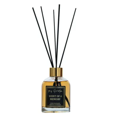 my Geisha Scent Of A Memory reed diffuser – floral fruity home fragrance in elegant glass bottle with black reeds