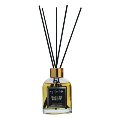 my Geisha Hard To Forget reed diffuser with black reeds and gold cap, luxury oriental woody home fragrance