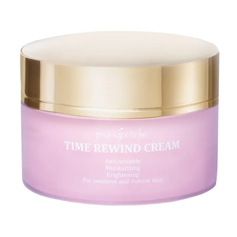 my Geisha - Time Rewind Cream

Reset the effects of time with the newest my Geisha cream: it has a complex anti-wrinkle action, minimizes the appearance of fine lines and wrinkles, giving a rejuvenated appearance. The Time Rewind cream regenerates, protects the skin from harmful environmental factors and gives suppleness and elasticity, thanks to the active ingredients: grape seed oil, Centella Asiatica Extract, Argireline, Panthenol (vitamin B5) and immortelle flower extract.

Advanced skin care technology, Natural SW, is based on a special fermentation method, TSL. It combines five natural ingredients that penetrate deep into the skin to intensely hydrate, reduce inflammation and diminish wrinkles, soothing the complexion and reducing redness.

Fight aging with a timeless solution!

Clinically proven, improvements in 6 parameters:

100% of users noticed the reduction of wrinkles:
length (78%) and depth of wrinkles (72%), as well as the number, volume (78%) and area of wrinkles (89%)

90% of users confirm that the product hydrates effectively
95% say that the product helps to restore the elasticity of the skin
95% feel that the product adds firmness to the skin
90% notice that the product gives the skin a luminous appearance
75% appreciate the light texture of the product
*Tested by women and men, 35+ years, clinical study, 2 weeks - attesting that my Geisha TIME REWIND CREAM reduces the length and depth of wrinkles, as well as the number, volume and area of wrinkles.

Benefits:

Intensely nourishing cream that reduces wrinkles, improves elasticity, for healthy skin
Suitable for sensitive and mature skin
Acts 24H
Intense hydration from the inside, felt throughout the whole day
Dual function: visibly brightens &amp; evens skin and reduces wrinkles
Argireline is often nicknamed "Botox without needles" due to its mode of action. It provides results similar to the effects of Botox, but without requiring injections.
Centella Asiatica stimulates collagen production, improving skin firmness and elasticity.
Grape seed oil has a strong antioxidant effect, ideal for preventing wrinkles.
It forms an invisible protective film against pollution and harmful environmental factors.
It absorbs quickly into the skin.
Dermatologically tested
Order of use: 08 Hydration
Skin type: Wrinkles and mature skin
Routine: Evening routine | Day routine
Skin concerns: Anti-aging | Firmness | Sensitive skin | Dull skin | Dry skin | Dehydration | Wrinkles
Size: 50 ml