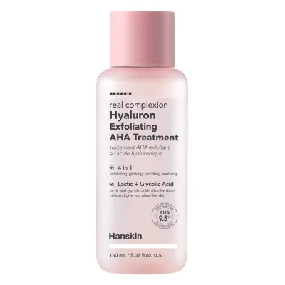 Hanskin Real Complexion Hyaluron Exfoliating AHA Treatment

Hanskin Real Complexion Hyaluron Exfoliating AHA Treatment (150ml) is enriched with four types of hyaluronic acid and a concentration of 10% AHA to give the skin a wow glow and brightness. The combination of glycolic acid and lactic acid work together to remove excess dead cells accumulated on the surface of the skin, preventing the absorption of moisturizing products. The result is supple, smoother and intensely hydrated skin, much brighter!

Benefits:
· It is enriched with 10% alpha hydroxy acid (AHA) and sodium hyaluronate, for complete exfoliation and extra hydration.
· Glycolic acid and lactic acid remove excess dead skin cells from the skin's surface, allowing moisturizers to work better and revealing softer, smoother skin.
· Contains four forms of hyaluronic acid that hydrate, leaving skin soft, glowing and ready for moisturizer.

Active ingredients:
• Glycolic acid: exfoliates dead skin and stimulates cell regeneration.
• Lactic acid: a gentle exfoliant that improves the appearance of pores and smoothes the skin.
• Sodium hyaluronate: draws water into the skin for intense hydration.
• Hydrolyzed hyaluronic acid: hydrates and brightens the skin.

Skin type: Normal skin | Oily skin | Combination skin | Dry skin | Sensitive skin | Wrinkles and mature skin | All skin types
Routine: Day routine | Evening routine
Skin concerns: Blackheads | Oily skin | Dilated pores | Excess sebum | Wrinkles | Imperfections | Pigmentation spots | Dry skin | Dull skin | Sensitive skin | Firmness | Anti-aging
For: Women | Men | Unisex
Size: 150 ml