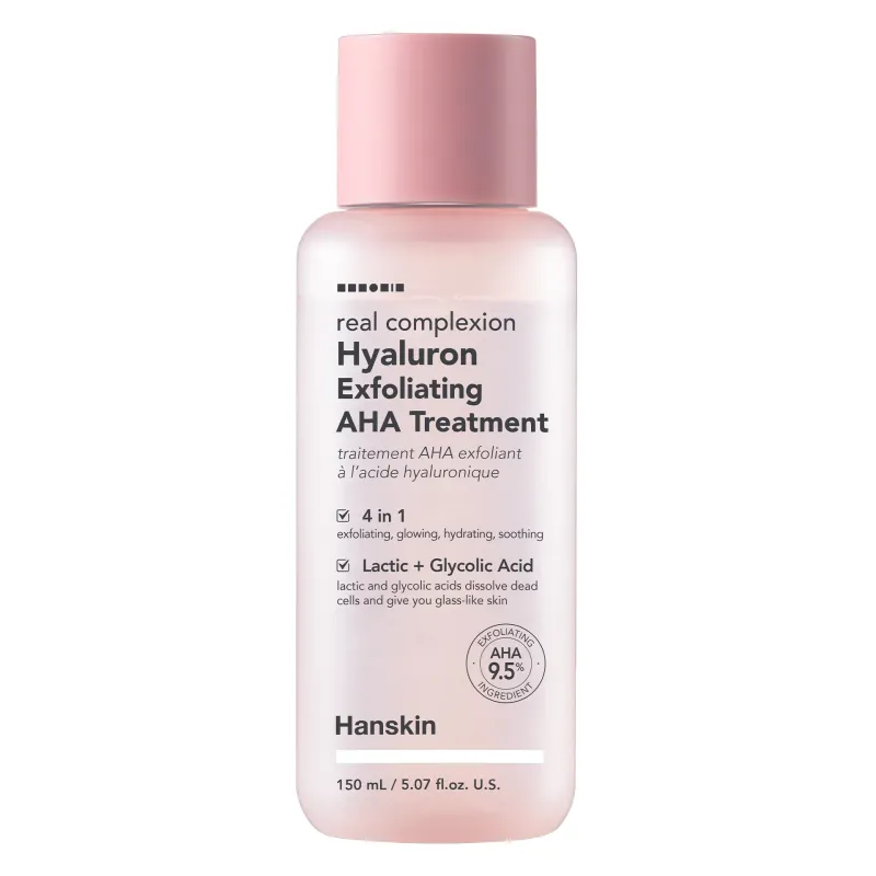 Hanskin Real Complexion Hyaluron Exfoliating AHA Treatment

Hanskin Real Complexion Hyaluron Exfoliating AHA Treatment (150ml) is enriched with four types of hyaluronic acid and a concentration of 10% AHA to give the skin a wow glow and brightness. The combination of glycolic acid and lactic acid work together to remove excess dead cells accumulated on the surface of the skin, preventing the absorption of moisturizing products. The result is supple, smoother and intensely hydrated skin, much brighter!

Benefits:
· It is enriched with 10% alpha hydroxy acid (AHA) and sodium hyaluronate, for complete exfoliation and extra hydration.
· Glycolic acid and lactic acid remove excess dead skin cells from the skin's surface, allowing moisturizers to work better and revealing softer, smoother skin.
· Contains four forms of hyaluronic acid that hydrate, leaving skin soft, glowing and ready for moisturizer.

Active ingredients:
• Glycolic acid: exfoliates dead skin and stimulates cell regeneration.
• Lactic acid: a gentle exfoliant that improves the appearance of pores and smoothes the skin.
• Sodium hyaluronate: draws water into the skin for intense hydration.
• Hydrolyzed hyaluronic acid: hydrates and brightens the skin.

Skin type: Normal skin | Oily skin | Combination skin | Dry skin | Sensitive skin | Wrinkles and mature skin | All skin types
Routine: Day routine | Evening routine
Skin concerns: Blackheads | Oily skin | Dilated pores | Excess sebum | Wrinkles | Imperfections | Pigmentation spots | Dry skin | Dull skin | Sensitive skin | Firmness | Anti-aging
For: Women | Men | Unisex
Size: 150 ml