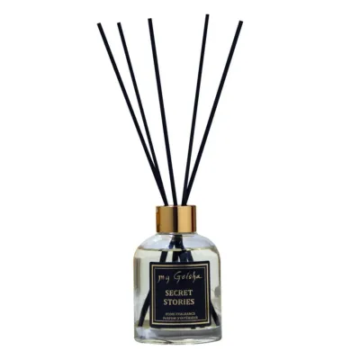 my Geisha Secret Stories Reed Diffuser in elegant glass bottle with woody-floral, balsamic and warm notes