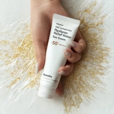 Hanskin SPF 50+ sun cream featured in daily skincare routine for hydrated, protected skin