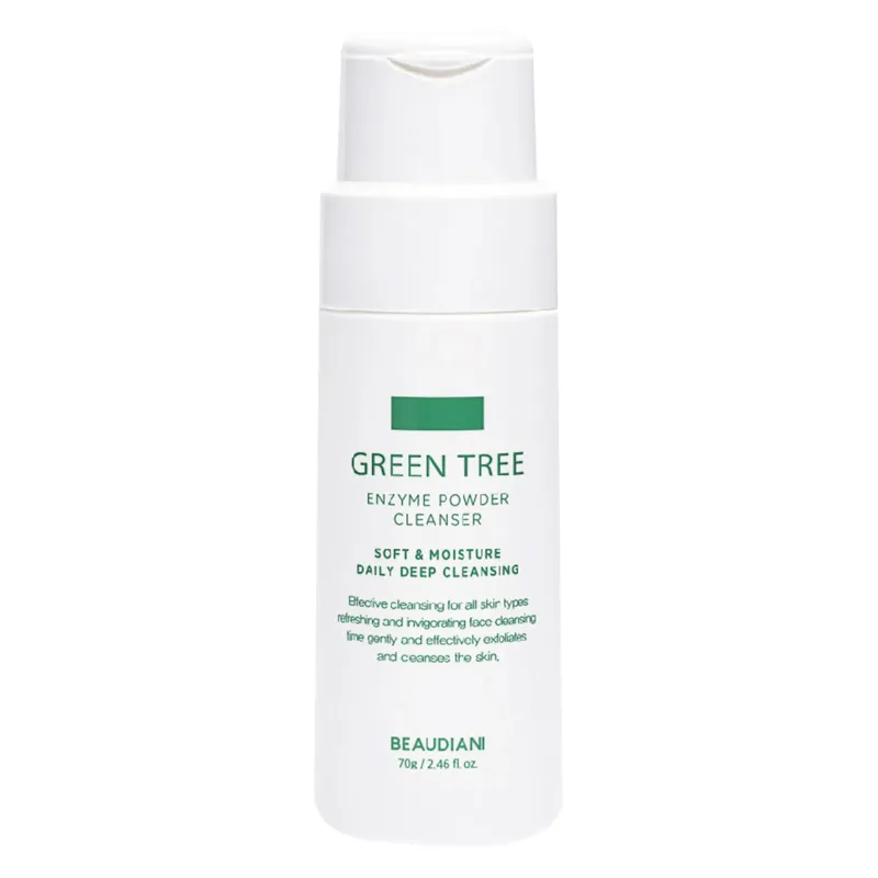 Beaudiani Green Tree Enzyme Powder Cleanser

Enriched with green tea extract, Beaudiani Green Tree Enzyme Powder Cleanser gently cleanses the skin, exfoliates and regulates excess sebum. The enzymes remove dead cells, preventing blocked pores, stimulating the synthesis of collagen, preparing the complexion for the next step in the care routine. It is also an optimal product for men's complexion.

All Beaudiani products are vegan, completely inspired by nature, with plant ingredients and formulas that do not contain silicone, dyes, sulphates or parabens.
Order of use: 01 Cleaning &amp; make-up removal
Skin type: Normal skin | Oily skin | Combination skin | Dry skin
Skin concerns: Acne | Blackheads | Dilated pores | Excess sebum | Wrinkles | Imperfections | Pigmentation spots | Anti-aging
For: Unisex
Size: 70 ml