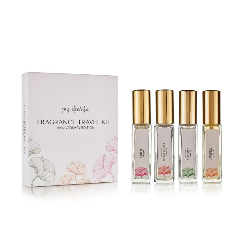 my Geisha Fragrance Travel Kit featuring four 10ml extrait de parfum vials — Cannabis, Foreplay, Sakura, and Let’s Play Red —