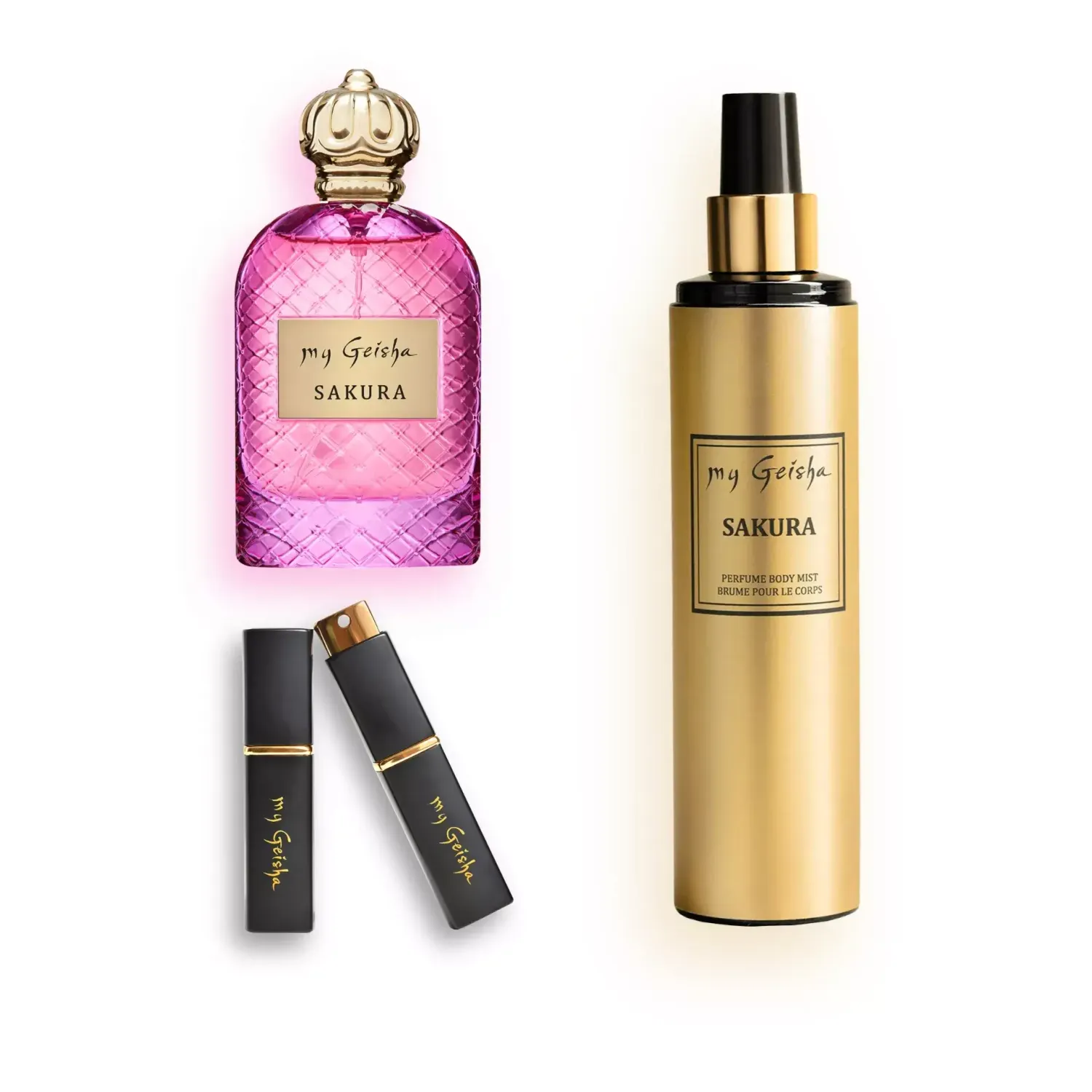 my Geisha Sakura Ritual set featuring Extrait de parfum 100ml, body mist 250ml and FREE Travel Atomiser 8ml