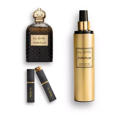 Foreplay Extrait de Parfum collection featuring 100ml parfum, 200ml body mist and FREE 8ml refillable travel atomiser