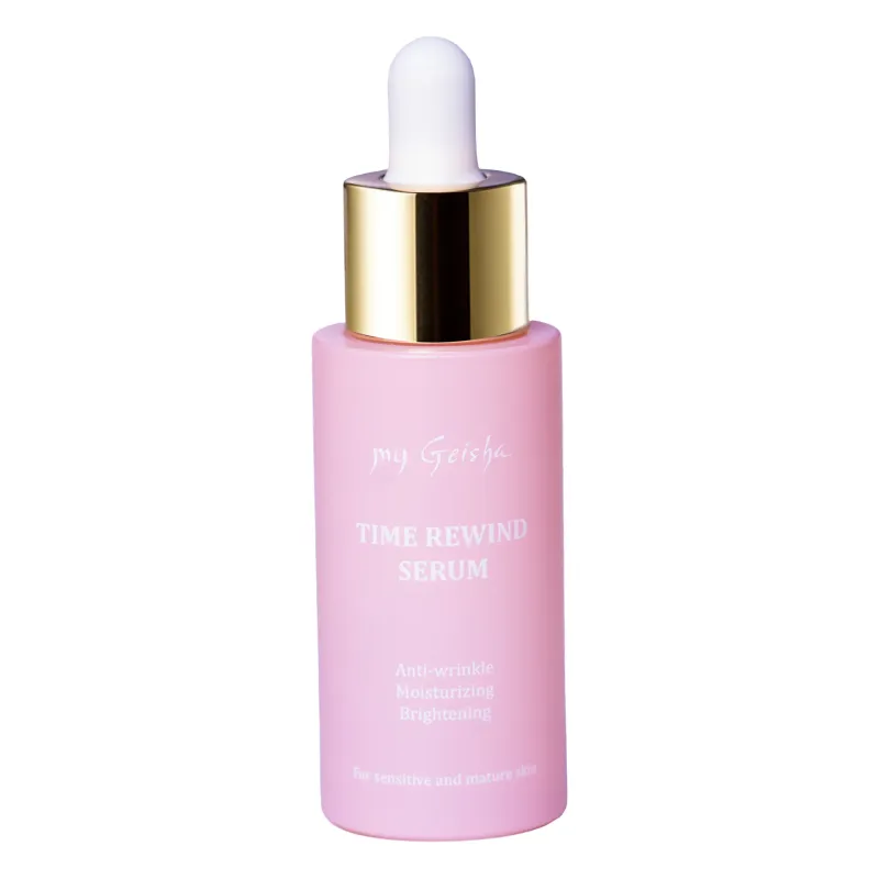 my Geisha - Time Rewind Serum

A new anti-aging solution brand my Geisha! The serum has a calming effect, gives elasticity and strengthens the skin's natural barrier, reducing wrinkles thanks to the 3 types of peptides in the composition.

Based on Natural SW Technology, the Time Rewind serum contains a complex of five natural ingredients that penetrate deep into the skin to intensely hydrate, reduce inflammation and diminish wrinkles, calming the complexion and reducing redness. Beta Glucan is an excellent anti-inflammatory and red algae extract produces a lifting effect and improves fine lines. Argireline plays an essential role in preventing and correcting wrinkles, improving elasticity and diminishing the visible signs of aging.

Fight aging with a timeless solution!

Clinically proven, improvements in 6 parameters:

100% of users noticed the reduction of wrinkles:
length (70%) and depth of wrinkles (60%), as well as number, volume (75%) and area of wrinkles (95%)

97% of users confirm that the product hydrates effectively
98% say that the product helps to restore the elasticity of the skin
86% feel that the product adds suppleness to the skin
90% notice that the product gives the skin a luminous appearance
100% appreciate the light texture of the product
*Tested by women and men, 35+, clinical study, 2 weeks - proving that my Geisha TIME REWIND SERUM reduces the length and depth of wrinkles, as well as the number, volume and area of wrinkles.

Benefits:

Light texture: absorbs quickly without weighing down the skin.
Suitable for sensitive and mature skin.
Multiple effects: brightens the complexion and visibly reduces wrinkles for an even appearance. Hydrates, nourishes, soothes and improves skin elasticity.
Antioxidant effect: Fights against the signs of aging and protects the skin from harmful factors in the environment.
Beta Glucan penetrates the upper layers of the skin, provides deep hydration, keeps the skin supple and reduces transepidermal water loss. By stimulating collagen production, it helps reduce the appearance of wrinkles and fine lines, improving skin elasticity and firmness.
Argireline is often nicknamed "Botox without needles" due to its mode of action. It provides results similar to the effects of Botox, but without requiring injections.
Excellent base for make-up.
Dermatologically tested.
Order of use: 05 Serum
Skin type: Wrinkles and mature skin
Routine: Day routine | Evening routine
Skin concerns: Wrinkles | Dehydration | Dry skin | Dull skin | Sensitive skin | Firmness | Anti-aging
Size: 30 ml