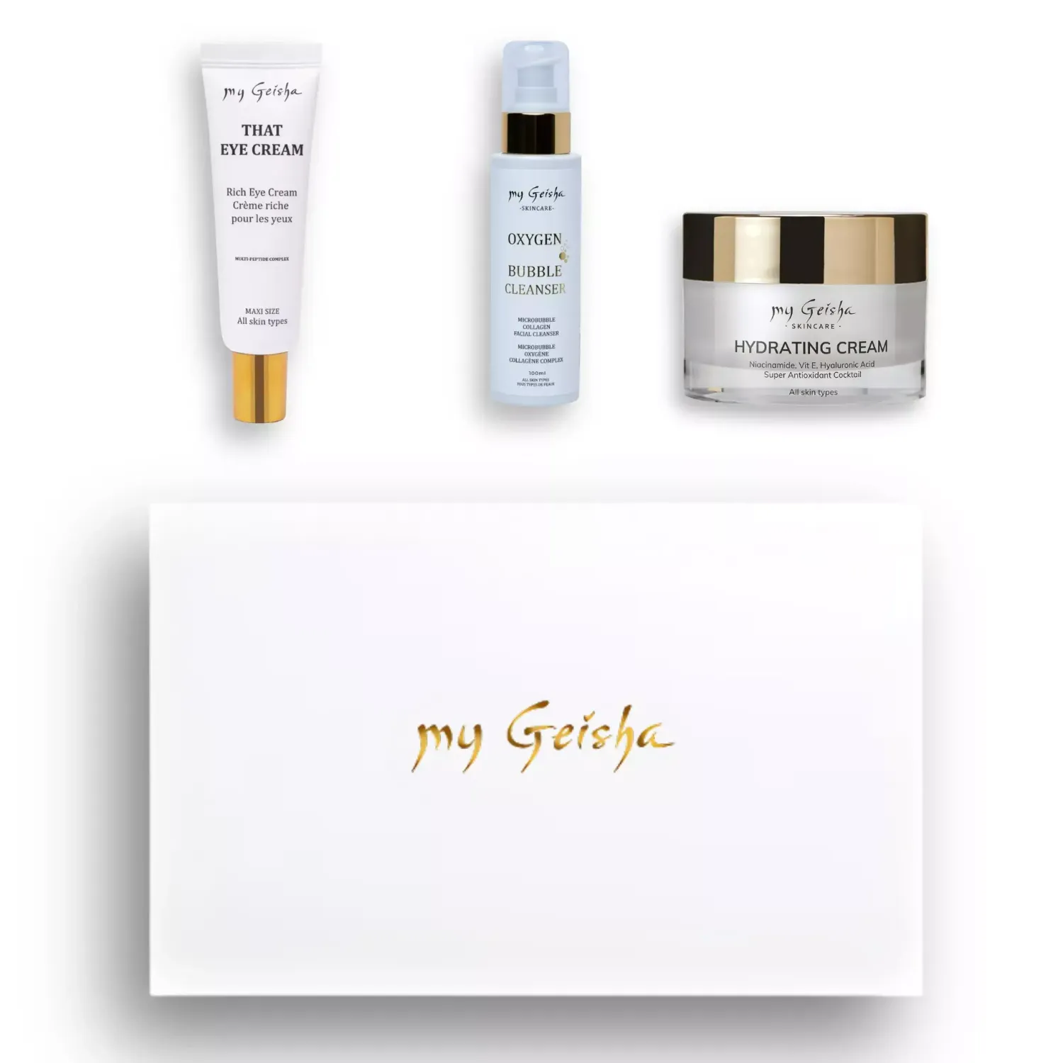 Nature's Touch Set packshot showing my Geisha Skincare products eye cream, cleanser and face cream