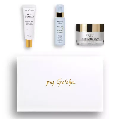 Nature's Touch Set packshot showing my Geisha Skincare products eye cream, cleanser and face cream