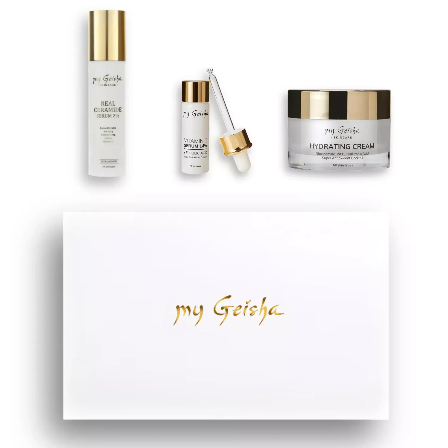 Secret Fountain Set featuring my Geisha Hydrating Cream, my Geisha Real Ceramide Serum 2%, and my Geisha Vitamin C Serum 14%