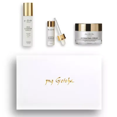 Secret Fountain Set featuring my Geisha Hydrating Cream, my Geisha Real Ceramide Serum 2%, and my Geisha Vitamin C Serum 14%