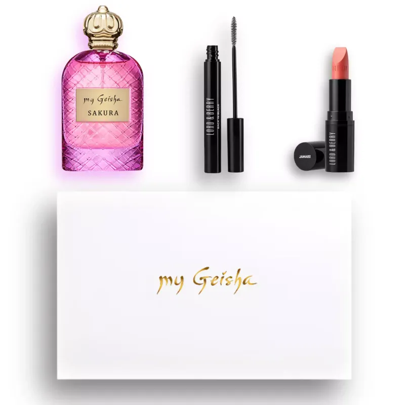 my Geisha Sakura Perfume Extract Gift Set with mascara and lipstick
