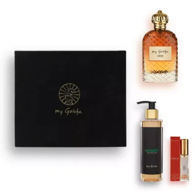 Gift Set Oud Extrait de Parfum Trio my Geisha Oud Extrait de Parfum Gift Set featuring Oud 100ml Cannabis Shower Gel 200ml and FREE travel size Foreplay 10ml