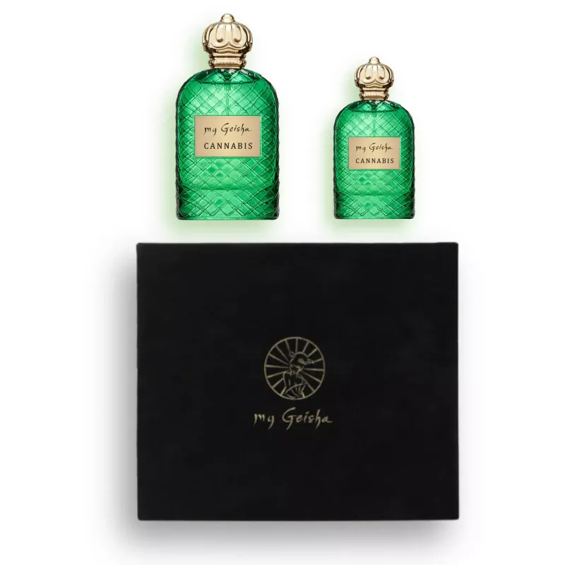 my Geisha Cannabis Duo Unisex Gift Set featuring signature Cannabis Extrait de Parfum in100ml and 50ml perfume bottle sizes