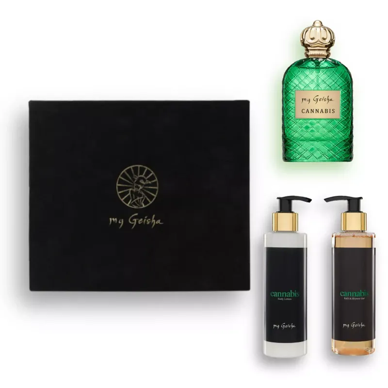 my Geisha Cannabis Signature Gift Set featuring Cannabis Extrait de Parfum 100ml, 200ml shower gel and 200ml body lotion