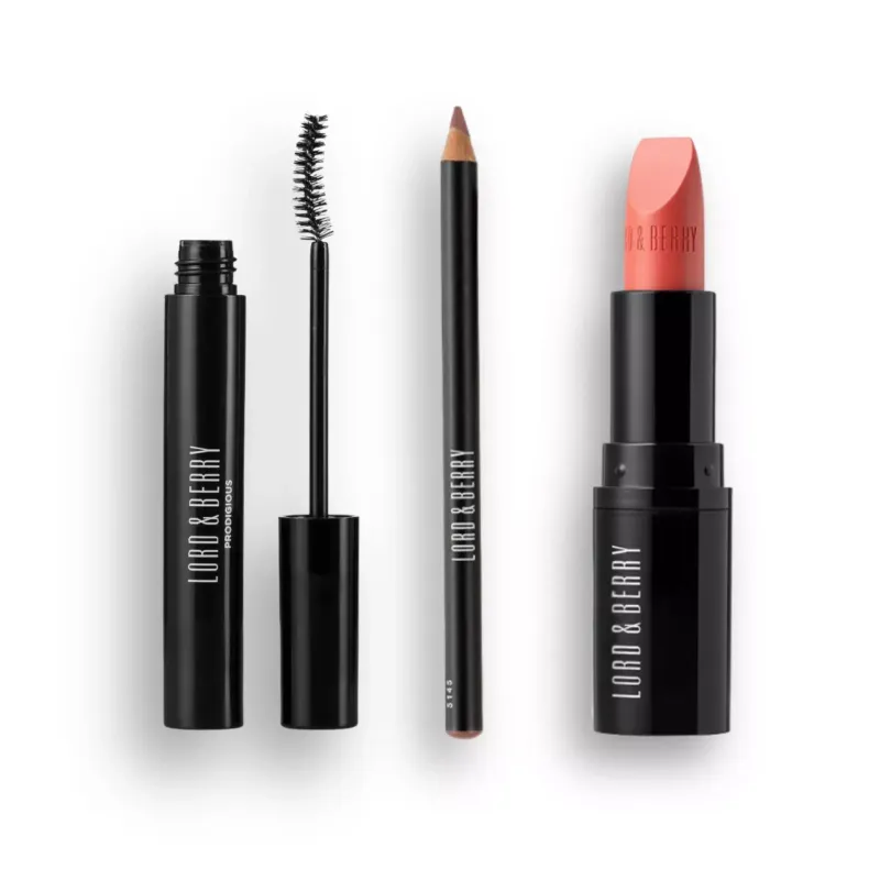 Lord &amp; Berry Lip &amp; Lash Ritual trio featuring Ultimate Lip Liner Tanned Nude, Prodigious False Lash Mascara, and Jamais Sheer