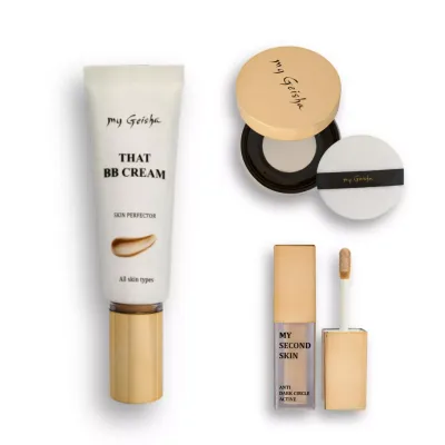 Skin-Perfecting Wardrobe trio with BB cream, Second Skin concealer and translucent powder by my Geisha UK.