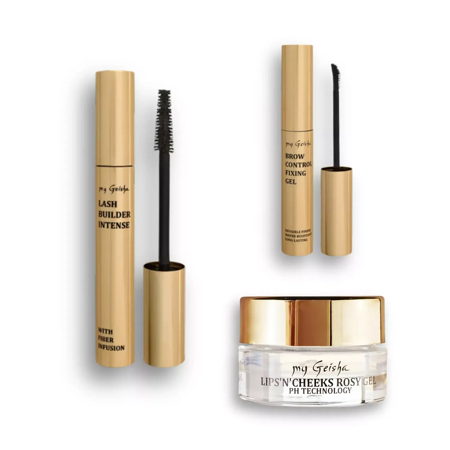 Rosy Minimal Signature trio: Lips’n’Cheeks Rosy Gel, Lash Builder Mascara, Brow Control Fixing Gel by my Geisha UK.