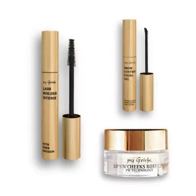 Rosy Minimal Signature trio: Lips’n’Cheeks Rosy Gel, Lash Builder Mascara, Brow Control Fixing Gel by my Geisha UK.