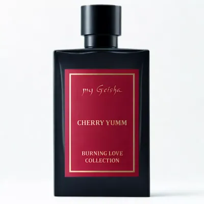 my Geisha Cherry Yumm Extrait de Parfum bottle presented 80ml black glass design reflecting a rich gourmand cherry compositio