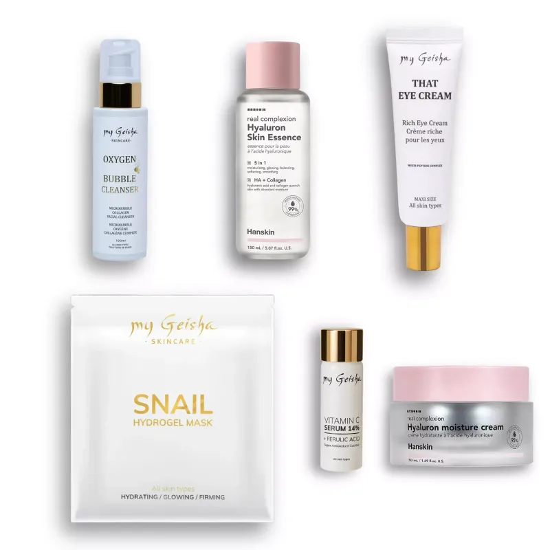 Radiance Renewal Ritual skincare set including cleanser, essence, vitamin C serum, eye cream, moisturiser and hydrogel mask