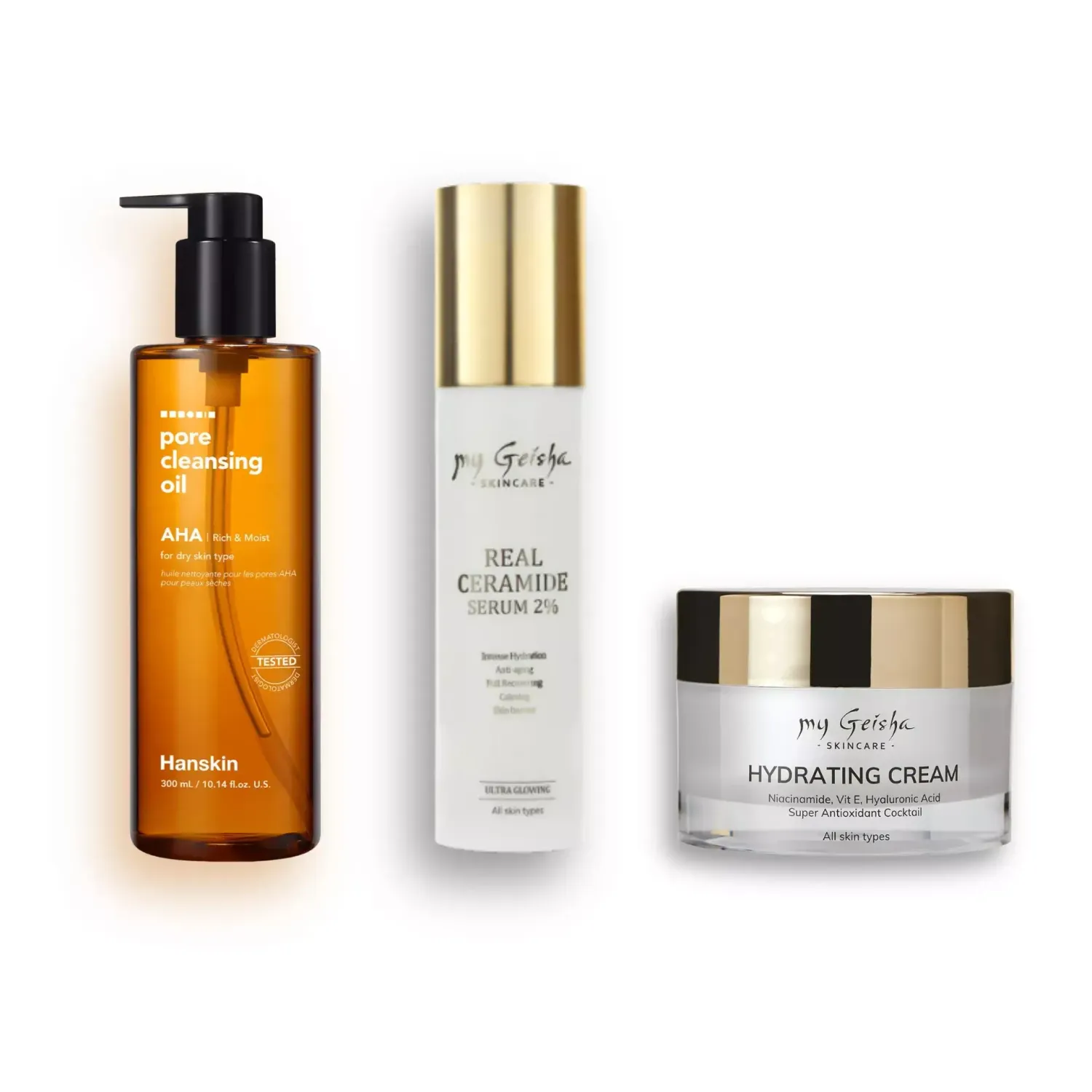 Elegant Barrier Repair Routine set with cleansing oil, ceramide serum, and hydrating cream.