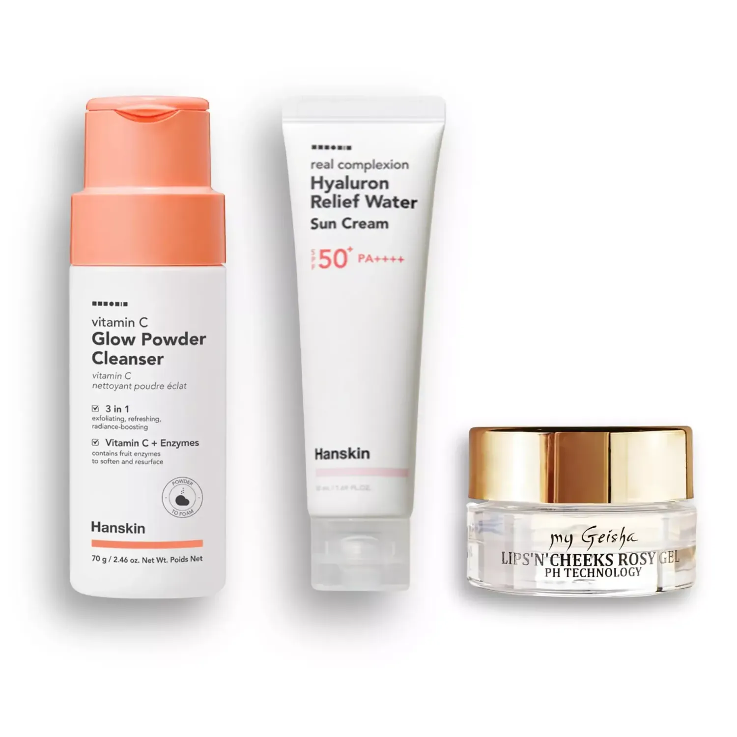 Luxury beauty ritual combining cleansing, hydration, SPF protection, and soft rosy colour.