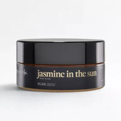 my Geisha Jasmine in the Sun body scrub with salt and sugar crystals, leaving skin smooth and softly luminous.