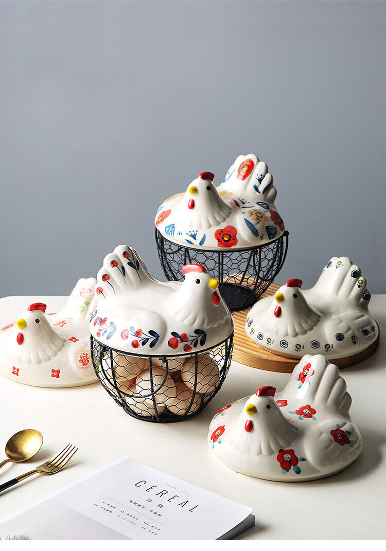 Farmhouse Style Handpainted Chicken Shaped Egg Storage Container Ceramic Egg Basket For Kitchen