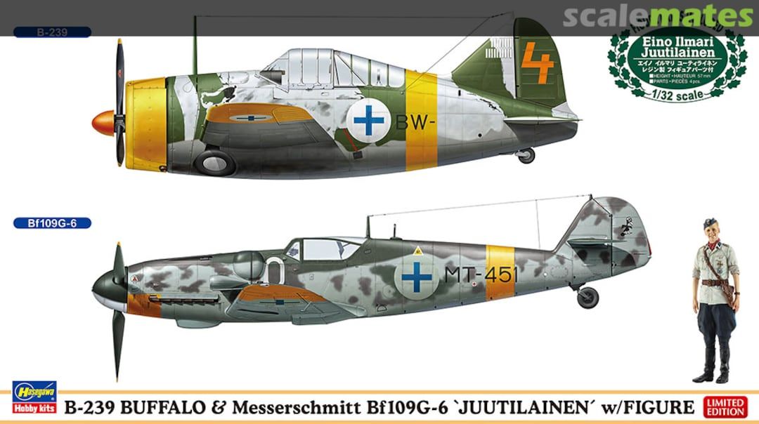 Hasegawa - 1/72 B-239 Buffalo &amp; Messerschmitt Bf109G-6 “Juutilainen” W/Figure (2 Kits In The Box)
