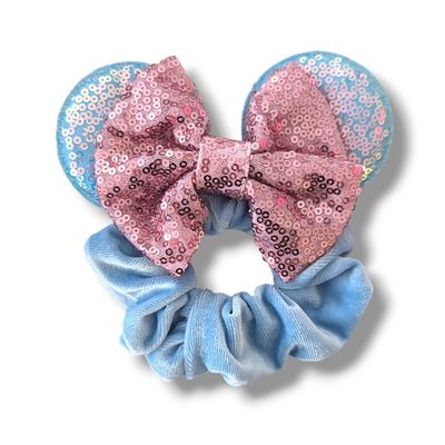 Mouse Ear Scrunchie - Blue and Rose Pink