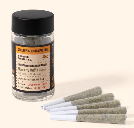 THCa Live Resin Core Infused Pre Roll, 5ct, Scent: Blueberry Muffin (I)