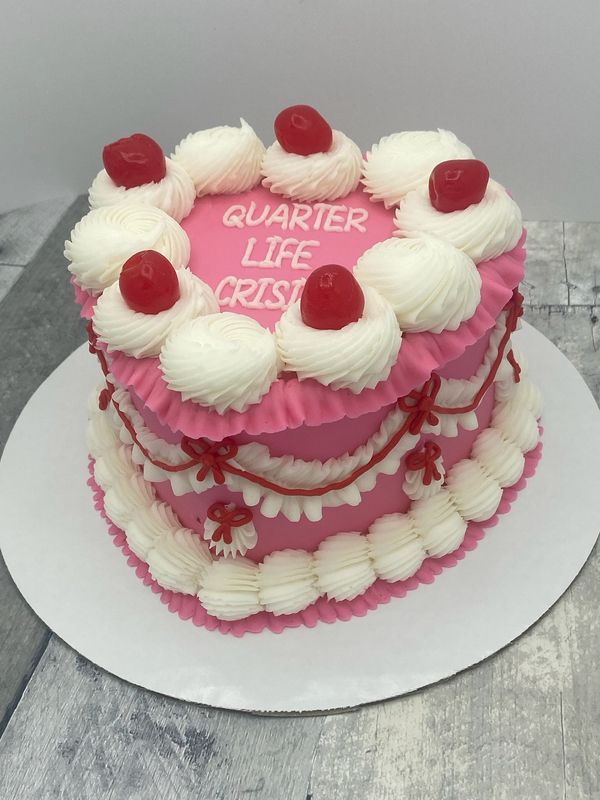Pink Vintage Heart Cake with Cherries