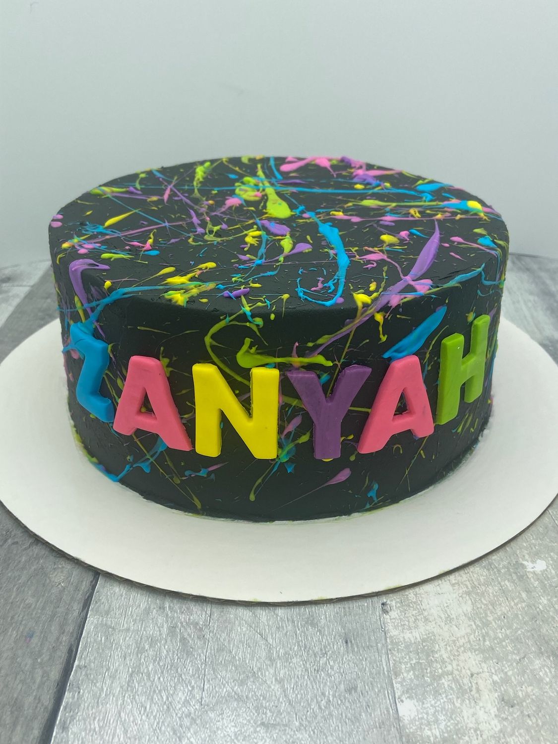 Neon Theme Splatter Birthday Cake with Fondant Name