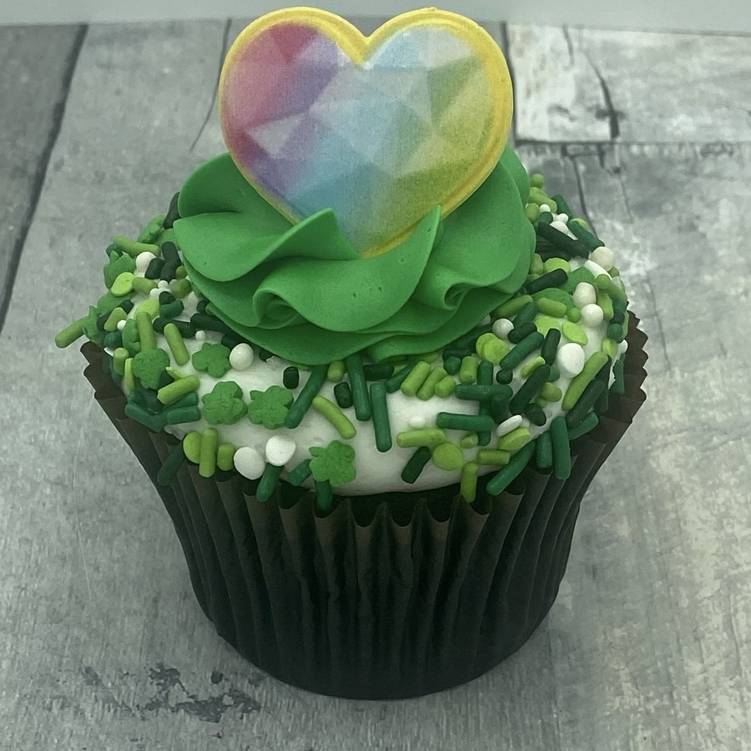 St. Patrick&#39;s Day Cupcake with Rainbow Heart Topper - Regular Size